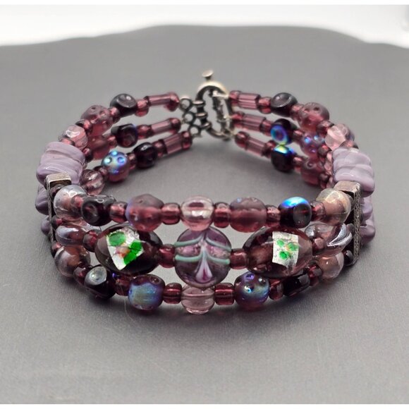 Handcrafted Jewelry - VTG Sterling Silver Purple AB Crystal Foil Leaf & Floral Beaded Bracelet 7.5"